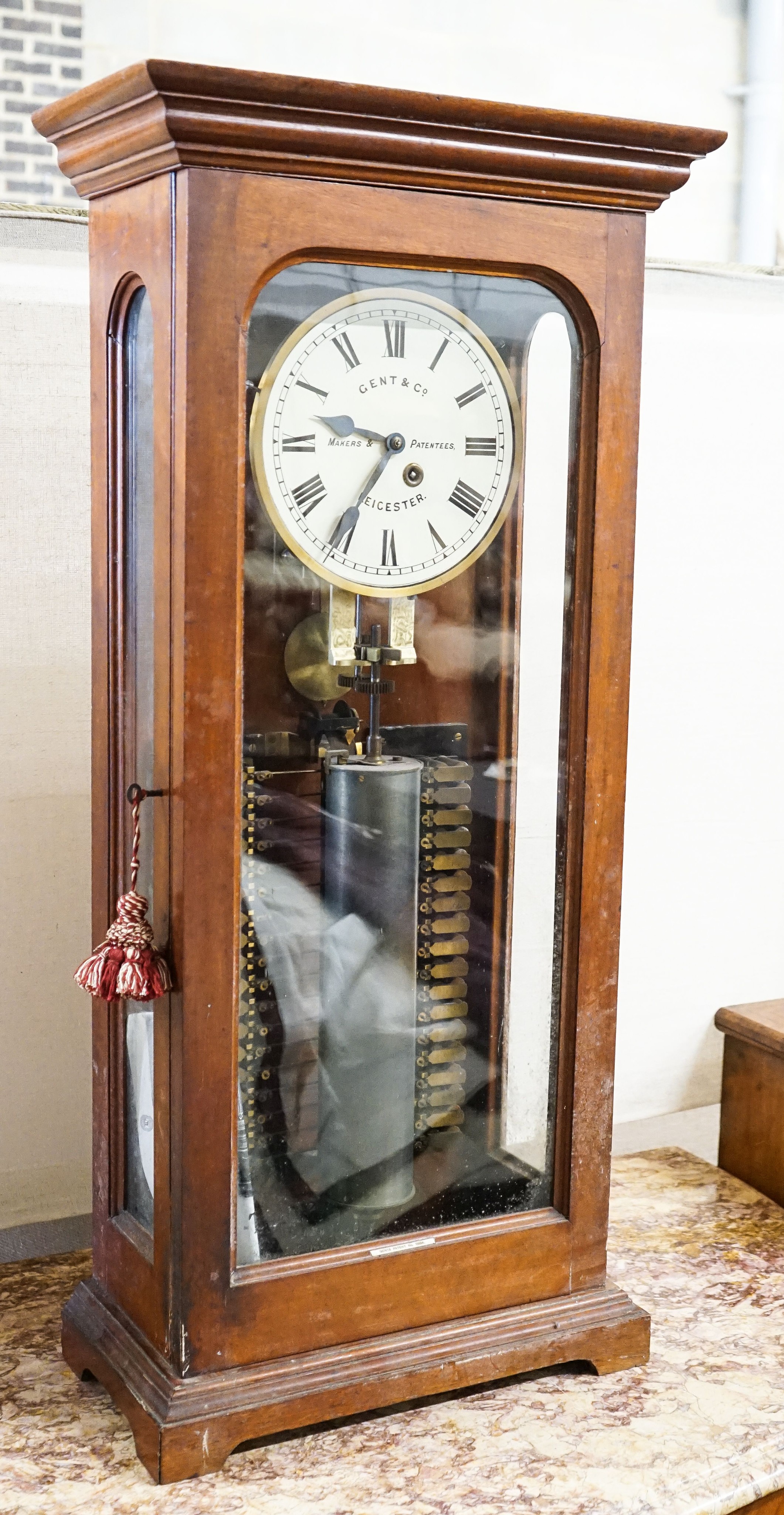 A Gent & Co. Ltd. Patent electric watchman's or 'telltale' clock, single cylinder mahogany cased, height 101cm